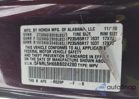 2011 Honda Odyssey Ex-L z USA, uszkodzony, nr VIN 5FNRL5H66BB024280